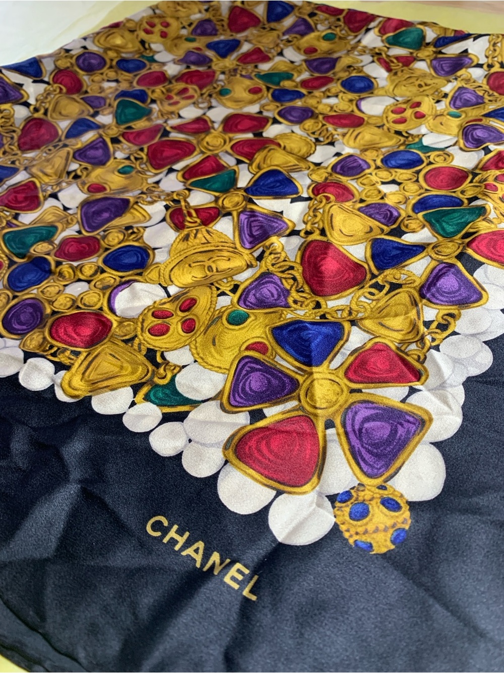 CHANEL Black Silk Scarf with Gold Chain and Gem Motifs - Picture 16 of 16